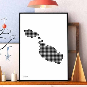 MALTA pontos mínimos retro mapa pôster preto branco decoração de parede design moderno suíço escandinavo nórdico inauguração de casa viagem
