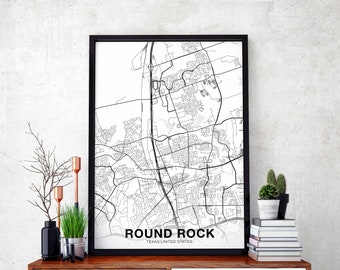 ROUND ROCK Texas TX usa map poster black white Hometown City Print Modern Home Decor Office Decoration Wall Art Dorm Bedroom Gift