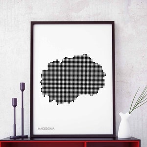 Póster retro con diseño de mapa de puntos minimalistas de MACEDONIA, decoración de pared en blanco y negro, diseño moderno suizo, escandinavo, nórdico, inauguración de la casa, viajes
