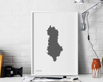 ALBANIA minimal dots retro map poster black white wall decor design modern swiss scandinavian nordic housewarming travel bedroom