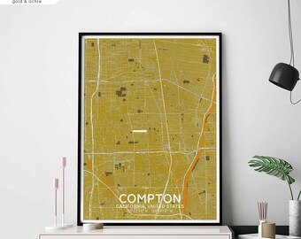 COMPTON California USA map poster black white Hometown City Print Modern Home Decor Office Decoration Wall Art Dorm Bedroom Gift