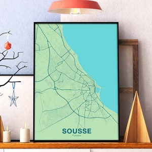 SOUSSE tunisie carte affiche couleur ville natale ville impression moderne décor à la maison bureau décoration mur art dortoir chambre cadeau