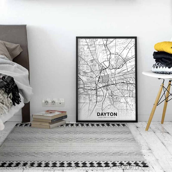 Dayton Ohio Oh Usa Map Poster Black White Wall Decor Design Modern Minimal Nordic Housewarming Travel Bedroom