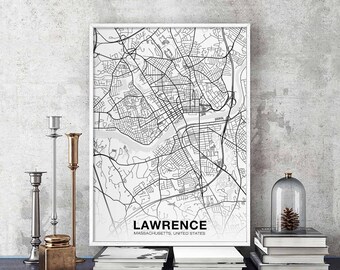 LAWRENCE Massachusetts MA USA map poster black white  Hometown City Print Modern Home Decor Office Decoration Wall Art Dorm Bedroom Gift