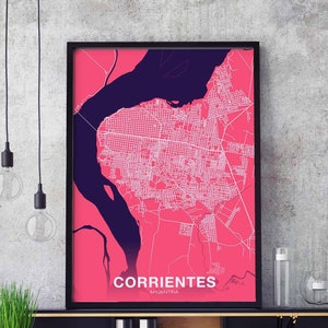 May include: A pink and blue city map print with the text "CORRIENTES ARGENTINA". The map shows the city streets and a river.