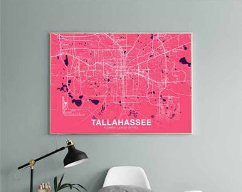 TALLAHASSEE Florida FL USA map poster color Hometown City Print Modern Home Decor Office Decoration Wall Art Dorm Bedroom Gift
