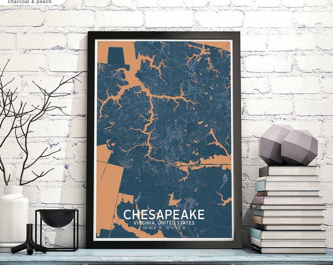 Featured listing image: CHESAPEAKE Virginia USA map poster black white Hometown City Print Modern Home Decor Office Decoration Wall Art Dorm Bedroom Gift