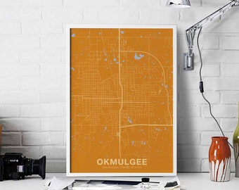 OKMULGEE Oklahoma US map poster color Hometown City Print Modern Home Decor Office Decoration Wall Art Dorm Bedroom Gift
