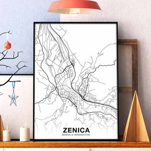 ZENICA bosniaque carte affiche ville natale ville impression moderne décor à la maison bureau décoration mur art dortoir chambre cadeau