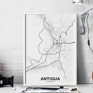Mapa da Guatemala ANTIGUA pôster preto e branco Cidade natal Impressão Decoração moderna para casa Decoração para escritório Arte de parede Dormitório Quarto Presente