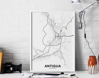 ANTIGUA Guatemala map poster black white Hometown City Print Modern Home Decor Office Decoration Wall Art Dorm Bedroom Gift