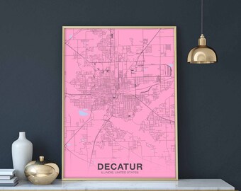 DECATUR Illinois IL US map poster color Hometown City Print Modern Home Decor Office Decoration Wall Art Dorm Bedroom Gift