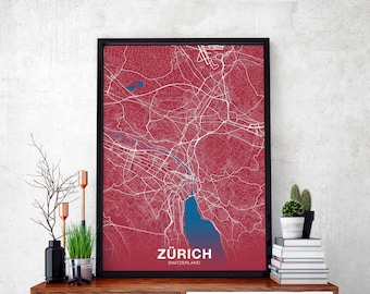 ZURICH Switzerland brick red poster Hometown City Print Modern Home Decor Office Decoration Wall Art Dorm Bedroom Gift