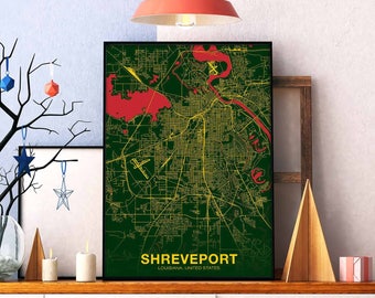 SHREVEPORT Louisiana LO US map poster color Hometown City Print Modern Home Decor Office Decoration Wall Art Dorm Bedroom Gift