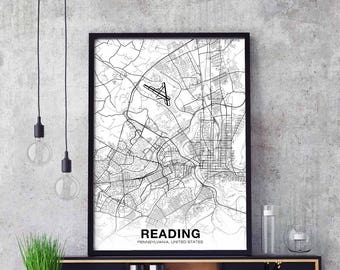READING Pennsylvania PA USA map poster black white Hometown City Print Modern Home Decor Office Decoration Wall Art Dorm Bedroom Gift