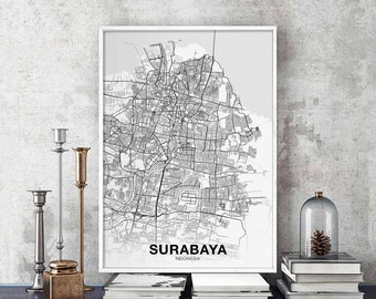 SURABAYA Indonesia map poster black white Hometown City Print Modern Home Decor Office Decoration Wall Art Dorm Bedroom Gift