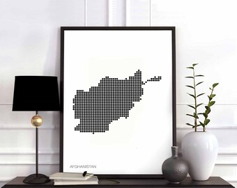 AFGHANISTAN minimal dots retro map poster black white wall decor design modern swiss scandinavian nordic housewarming travel bedroom