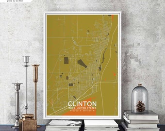 CLINTON Iowa USA map poster black white Hometown City Print Modern Home Decor Office Decoration Wall Art Dorm Bedroom Gift
