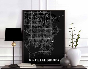 ST PETERSBURG Florida FL usa map poster black white Hometown City Print Modern Home Decor Office Decoration Wall Art Dorm Bedroom Gift