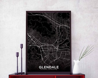 GLENDALE California CA USA map poster black white Hometown City Print Modern Home Decor Office Decoration Wall Art Dorm Bedroom Gift