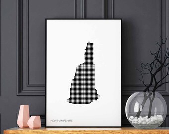 NEW HAMPSHIRE US state minimal dots retro map poster black white wall decor design modern swiss scandinavian nordic housewarming travel