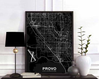 PROVO Utah UT USA map poster black white Hometown City Print Modern Home Decor Office Decoration Wall Art Dorm Bedroom Gift