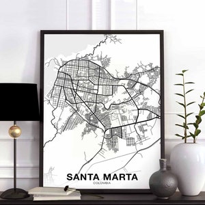 SANTA MARTA Colombia map poster black white Hometown City Print Modern Home Decor Office Decoration Wall Art Dorm Bedroom Gift