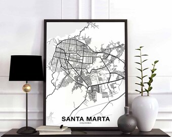 SANTA MARTA Colombia map poster black white Hometown City Print Modern Home Decor Office Decoration Wall Art Dorm Bedroom Gift