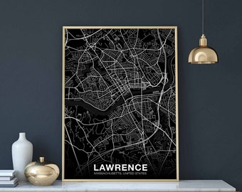 LAWRENCE Massachusetts MA USA map poster black white Hometown City Print Modern Home Decor Office Decoration Wall Art Dorm Bedroom Gift