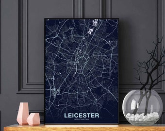 LEICESTER Great Britain GB UK map poster night blue Hometown City Print Modern Home Decor Office Decoration Wall Art Dorm Bedroom Gift