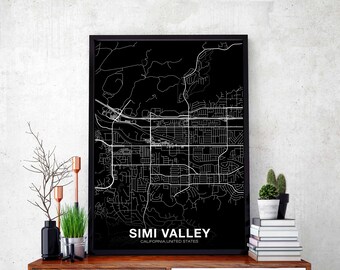 SIMI VALLEY California CA usa map poster black white Hometown City Print Modern Home Decor Office Decoration Wall Art Dorm Bedroom Gift