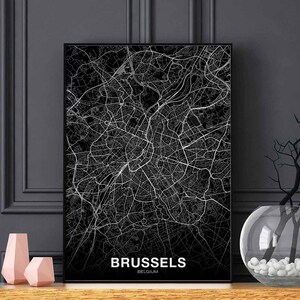 BRUXELLES belgique affiche de carte noir blanc ville natale ville impression moderne décor à la maison bureau décoration mur art dortoir chambre cadeau