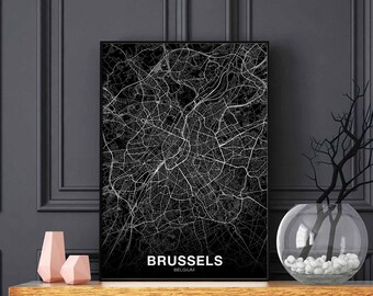 BRUSSELS Belgium map poster black white Hometown City Print Modern Home Decor Office Decoration Wall Art Dorm Bedroom Gift