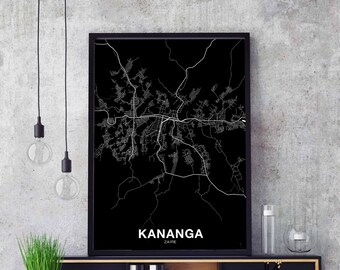 KANANGA Zaire map poster black white Hometown City Print Modern Home Decor Office Decoration Wall Art Dorm Bedroom Gift