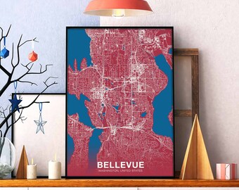 BELLEVUE Washington WA US map poster color Hometown City Print Modern Home Decor Office Decoration Wall Art Dorm Bedroom Gift