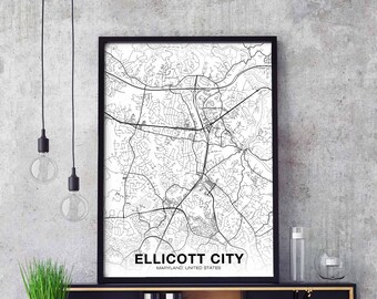 ELLICOTT CITY Maryland MD usa map poster black white Hometown City Print Modern Home Decor Office Decoration Wall Art Dorm Bedroom Gift