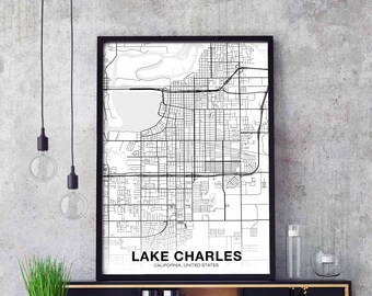 LAKE CHARLES California CA usa map poster black white  Hometown City Print Modern Home Decor Office Decoration Wall Art Dorm Bedroom Gift