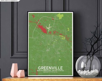 GREENVILLE North Carolina usa map poster black white wall decor design modern scandinavian minimal nordic housewarming travel bedroom