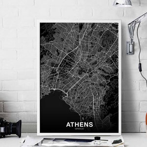 ATHEN Griechenland Karte Poster schwarz weiß Heimatstadt Stadt Print Modernes Wohndekor Büro Dekoration Wand Kunst Wohnheim Schlafzimmer Geschenk