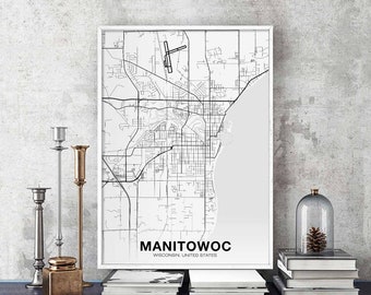 MANITOWOC Wisconsin WI US map poster black white Hometown City Print Modern Home Decor Office Decoration Wall Art Dorm Bedroom Gift