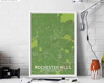 ROCHESTER HILLS Michigan USA map poster black white Hometown City Print Modern Home Decor Office Decoration Wall Art Dorm Bedroom Gift