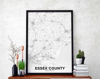 ESSEX COUNTY Great Britain UK map poster black white Hometown City Print Modern Home Decor Office Decoration Wall Art Dorm Bedroom Gift