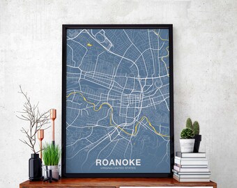 ROANOKE Virginia VA usa map poster color Hometown City Print Modern Home Decor Office Decoration Wall Art Dorm Bedroom Gift