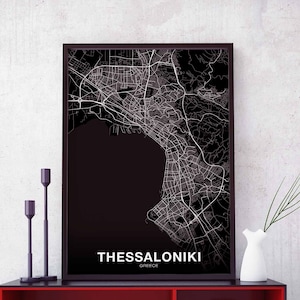 THESSALONIKI Griechenland Karte Poster schwarz weiß Heimatstadt Stadt Print Modernes Wohndekor Büro Dekoration Wand Kunst Wohnheim Schlafzimmer Geschenk
