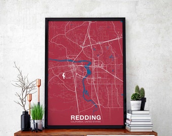 REDDING California CA USA map poster color Hometown City Print Modern Home Decor Office Decoration Wall Art Dorm Bedroom Gift