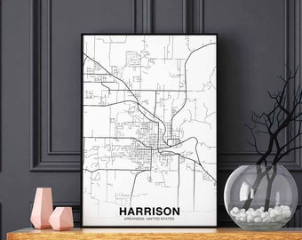 HARRISON Arkansas AR USA map poster black white Hometown City Print Modern Home Decor Office Decoration Wall Art Dorm Bedroom Gift