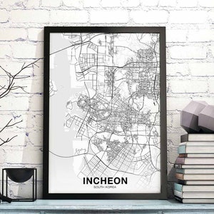 Póster con mapa de Corea del Sur de INCHEON, impresión en blanco y negro de la ciudad natal, decoración moderna para el hogar, decoración de la oficina, arte de pared para dormitorio, regalo