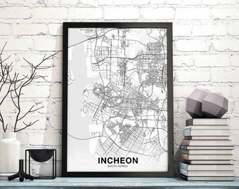 INCHEON South Korea map poster black white Hometown City Print Modern Home Decor Office Decoration Wall Art Dorm Bedroom Gift