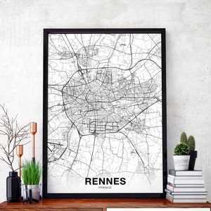 RENNES France carte affiche noir blanc ville natale ville impression moderne décor à la maison bureau décoration mur art dortoir chambre cadeau