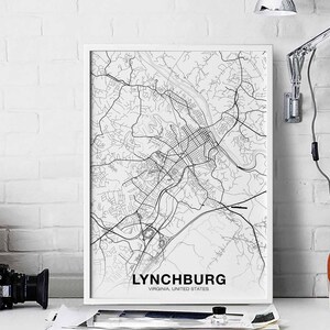 LYNCHBURG Virginie VA USA carte affiche noir blanc ville natale ville impression moderne décoration maison bureau décoration mur art dortoir chambre cadeau